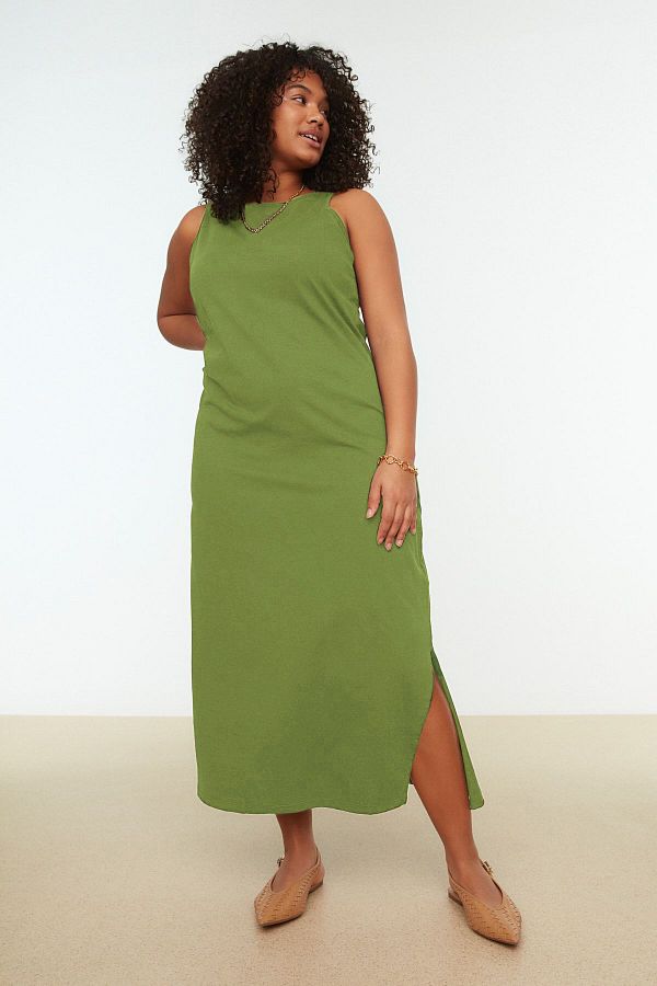 Trendyol Curve-Green Single Jersey Knitted Plus Size Dress Tbbss22Ah0162 1