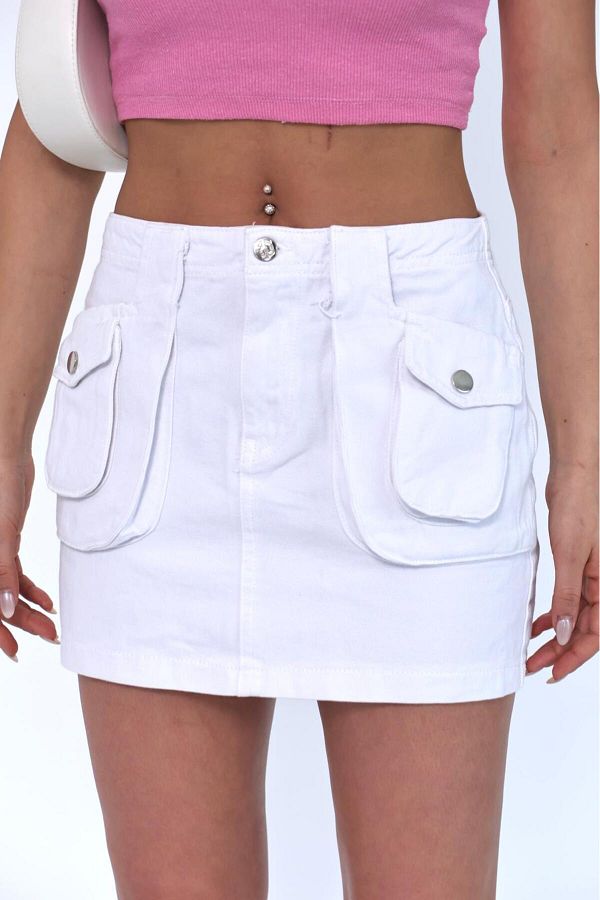 Zeo Basic-White Mini Skirt with Front Pocket Detail 1