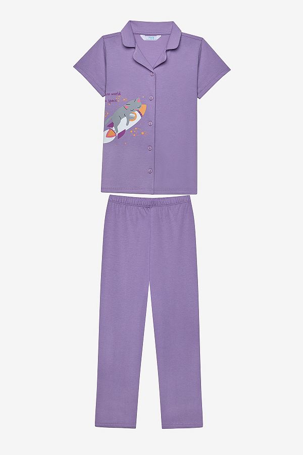 Penti-Katzenhemd-Flieder-Pyjama-Set für Mädchen 1