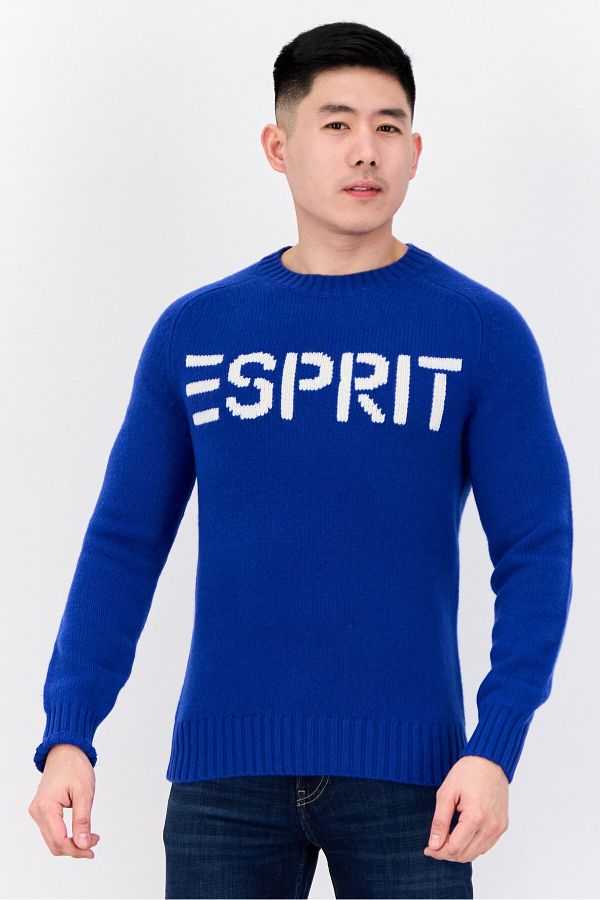 Esprit-Men Ribbed Neck Embroidered Logo Sweater, Blue 1