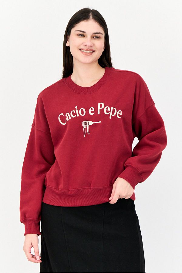 No Comment-Women Crew Neck Long Sleeve Embroidered Sweatshirt, Maroon 1