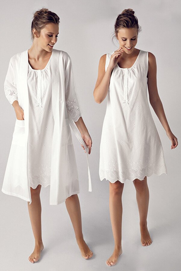 Artış Ekru Dokuma Pamuklu Lohusa Hamile Gecelik Ve Sabahlık Takım