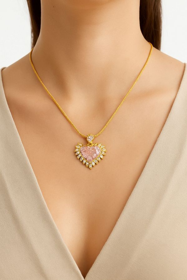 Butik-Pink Heart Necklace - Steel and Gold Color 1
