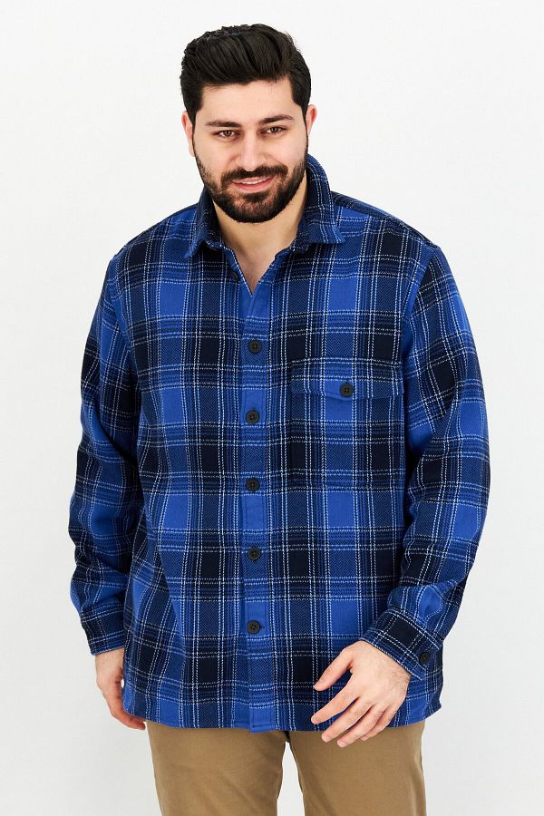 CELIO-Men Plaid Long Sleeve Shirt Jacket, Blue 1