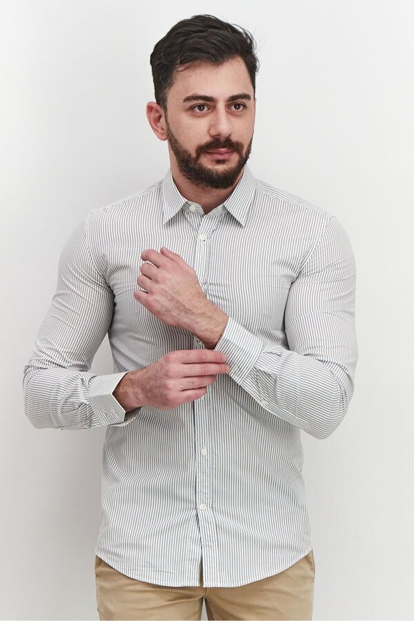 Antony Morato-Men Slim Fit Stripe Long Sleeve Casual Shirt, White and Black 1
