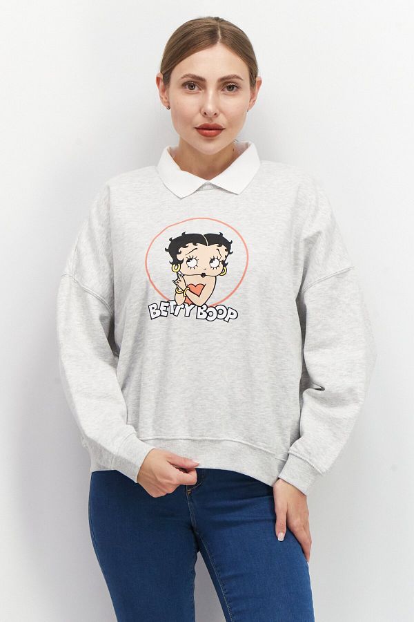 BETTY BOOP-سويت شيرت نسائي بياقة مفتوحة، رمادي فاتح 1