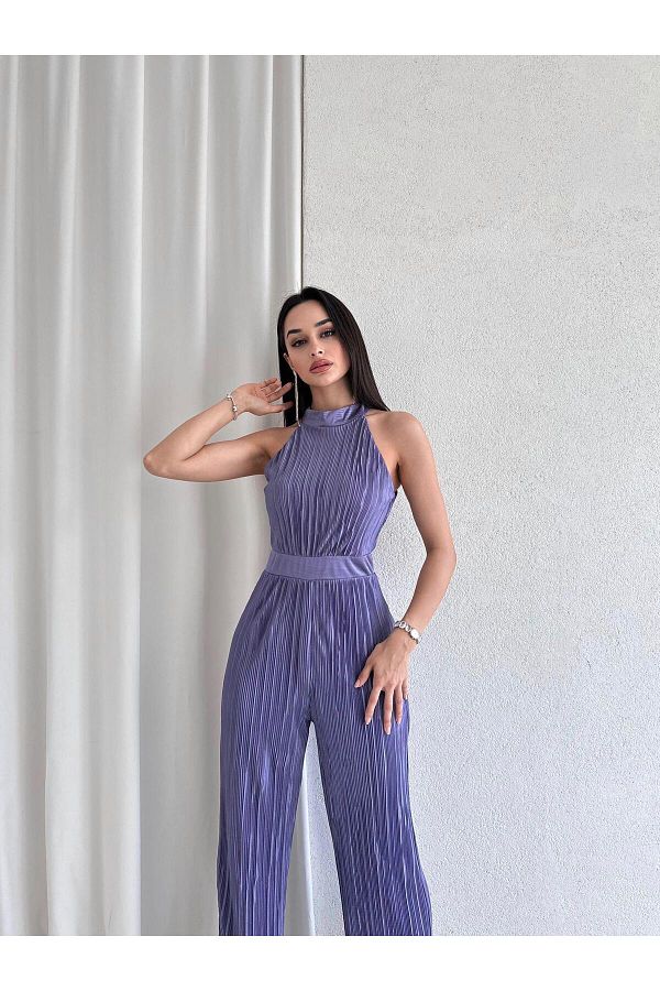 Misscix-Ribbed Sleeveless Halter Neck Purple Women's Evening Dress Jumpsuit 1