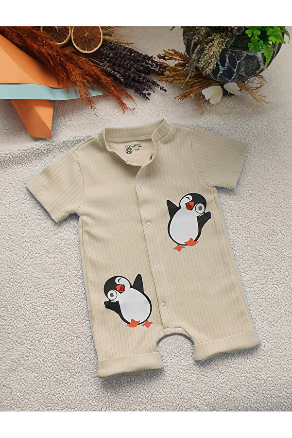 JAKC WAYS %100 Pamukpenguen Desenli Kısa Kollu Şort Tulum / Bebek Zıbın / Çocuk Zıbın