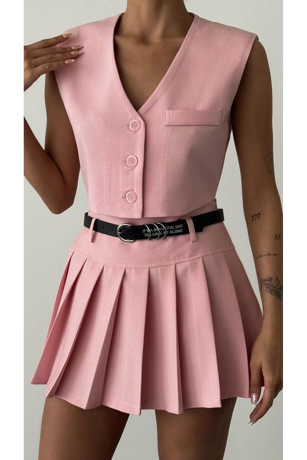 TUĞBALİ-Belt Detailed Pleated Mini Skirt with Lining Shorts 1