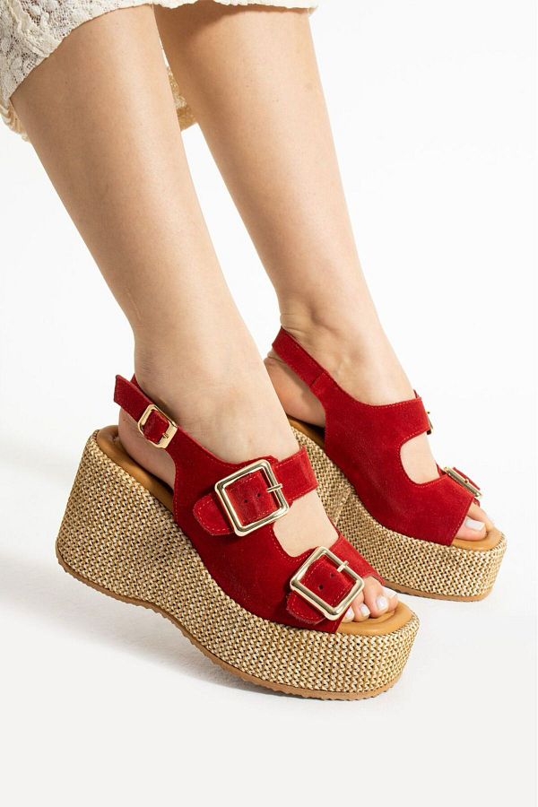 CICIKIZ-Suede Leather Wedge Sole Buckle Women's Summer Sandals 1