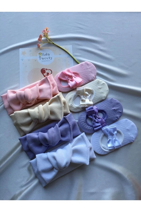 Baby Tweety 8'li Kombin (KUTULU) El Yapımı Kız Bebek Bandana & Babet Çorap