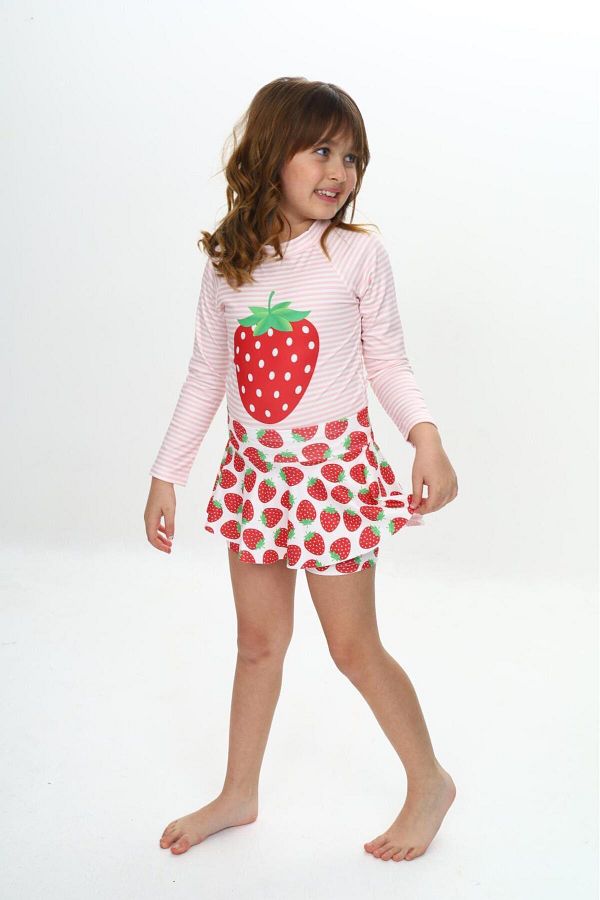 Lolliboomkids-Set de costume de baie/bikini pentru fete, cu mâneci lungi, cu imprimeu căpșuni, cu fuste 1