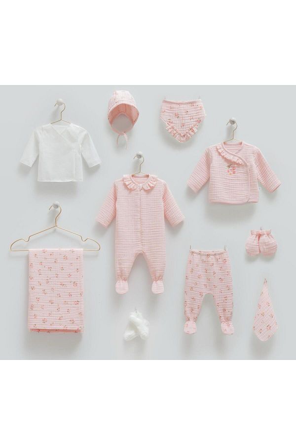 Caramell-Summer 10-Piece Muslin Cherry Pattern Hospital Release Bodysuit Set 1