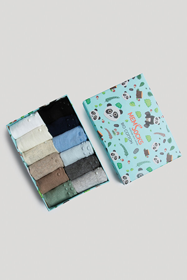 MEM SOCKS 12'li Organik Pamuklu Kaydırmaz Bebek/Çocuk Çorabı Özel Kutulu