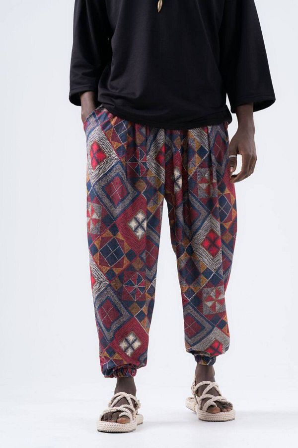 SUPERBLUE-Men's Ethnic Pattern Summer Wrinkle Baggy Trousers 1