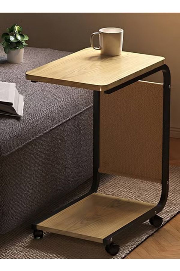 Taimi-C-Shaped Side Table with Wheels and Storage Bag,Coffee Table, 45x30x63CM - Wooden with Black Frame 1