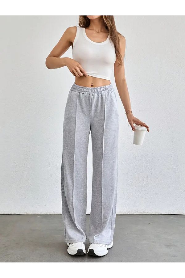 LASVES-Women's Gray Striped Wide Leg Sweatpants 1