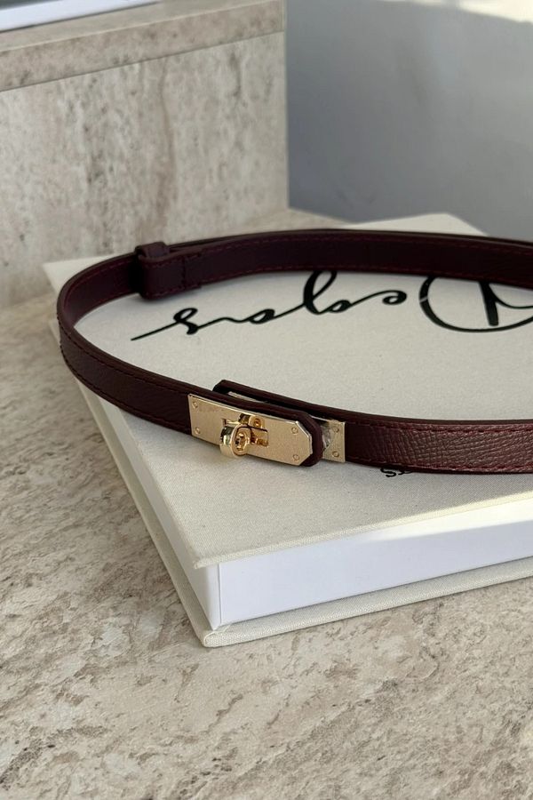 LEONAS-Women's Burgundy Belt with Adjustable Gold Lock Buckle 1