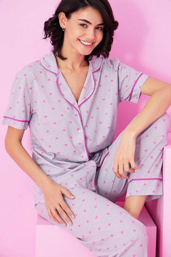 Siyah İnci-Gray Fuchsia Heart Points Patterned Short Sleeve Buttoned Pajama Suit7854 1