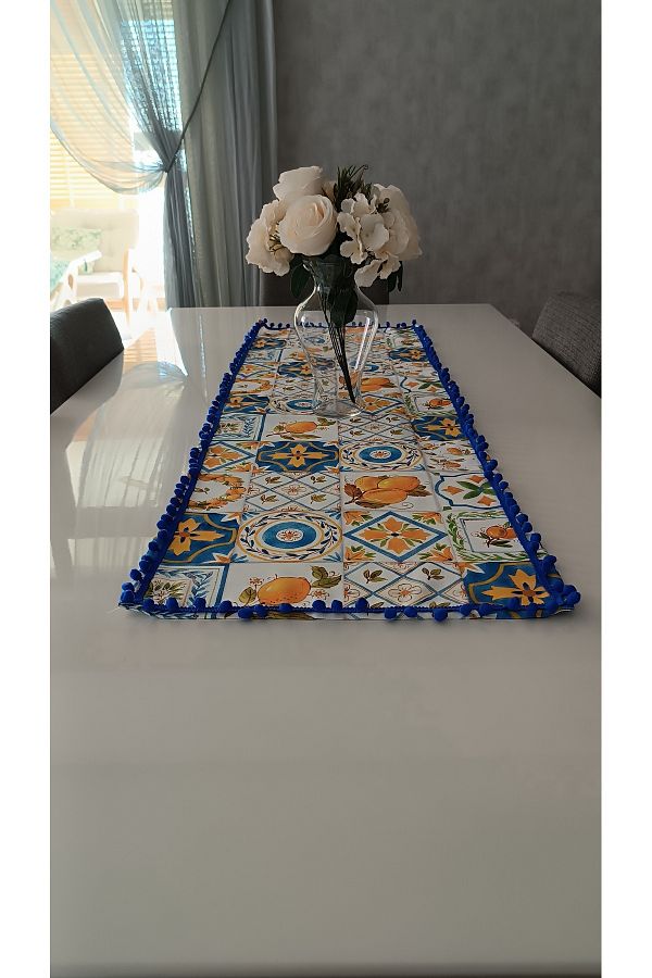 Ayşemce-Placemat Lemon Patterned Dark Blue Pompom Rectangular Runner 1