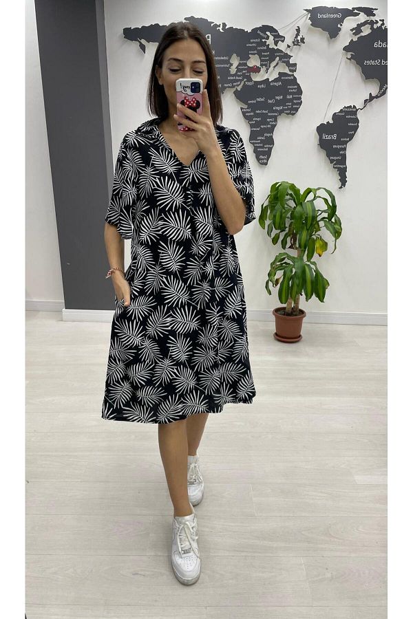 zahı collection-V-Neck Pocket Patterned Casual Dress 1