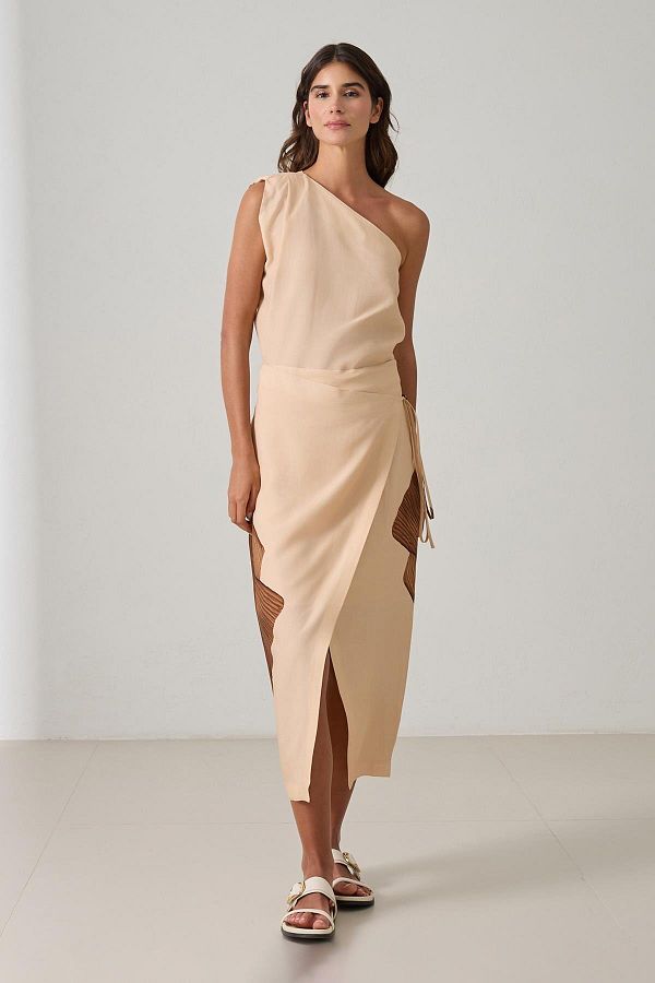 Setre-Dark Beige Asymmetrical Closure Binding Detailed Patterned Midi Length Skirt 1
