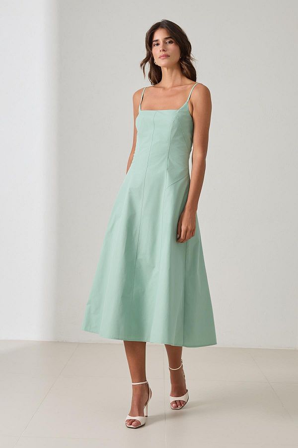 Setre-Mint 100% Cotton Strap Waist Fitted Midi Length Relaxed Cut Dress 1
