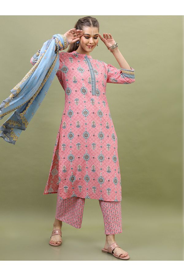 Vishudh By Styli-Women Pink Printed Cotton Kurta Set with Dupatta 1