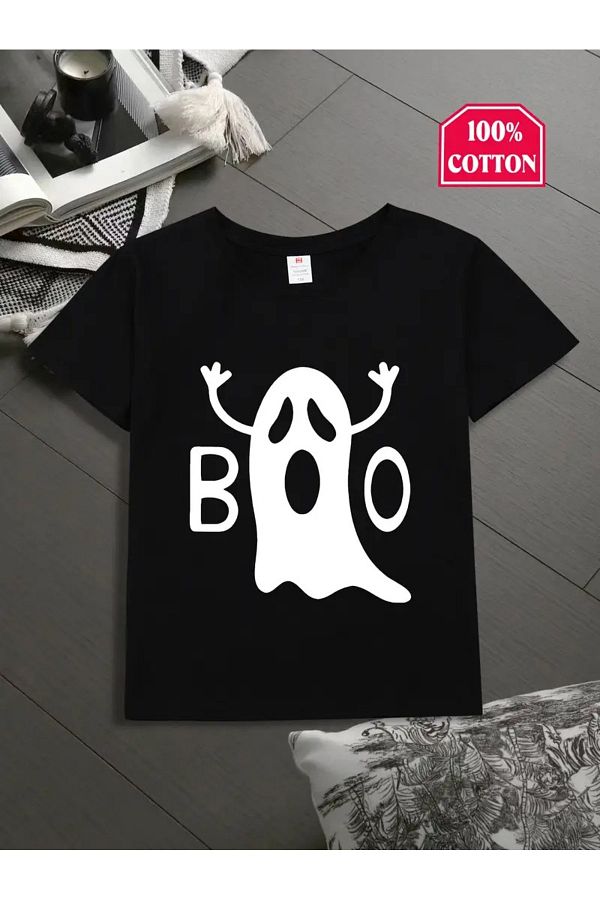 vinraus-Tricou negru din bumbac pieptănat cu imprimeu BOO Ghost pentru fetiță/băiat 1