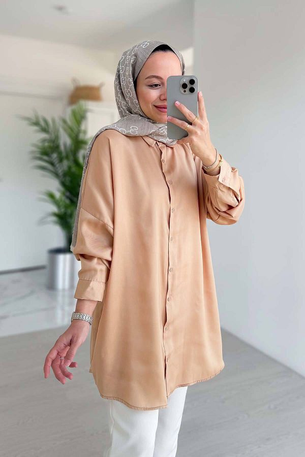 Ka Hijab-Πουκάμισο Camel Satin Oversize 1