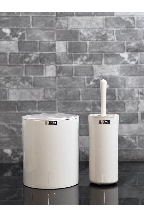 Okyanus Home-Beige Click Cover Round 2-Piece Wc Bucket and Brush Set 1