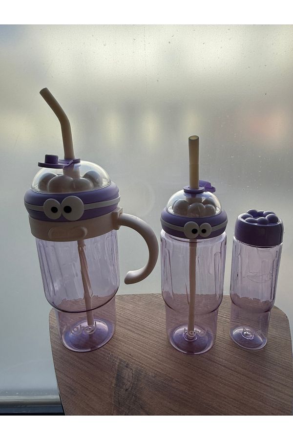 MİMOZA PARK-3-Piece Cute Straw Flask Plastic Bpa-Free (Large Size with Handle) 1