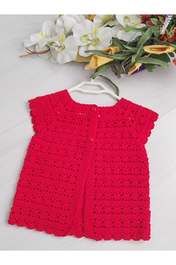 8 Ekim Tasarım Atölyesi 12_18 Ay Kırmızı Örgü Tarz Bebek Yeleği