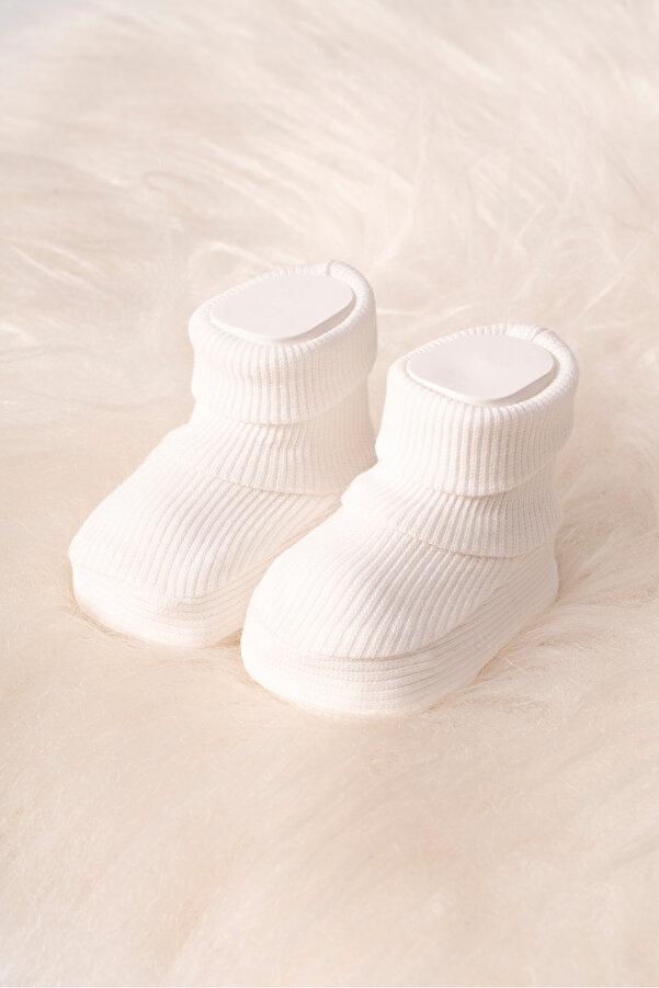 Polpuf Fitilli Esnek Bebek Patik, Ev Botu Terliği Kreş Ayakkabısı Panduf Ekru