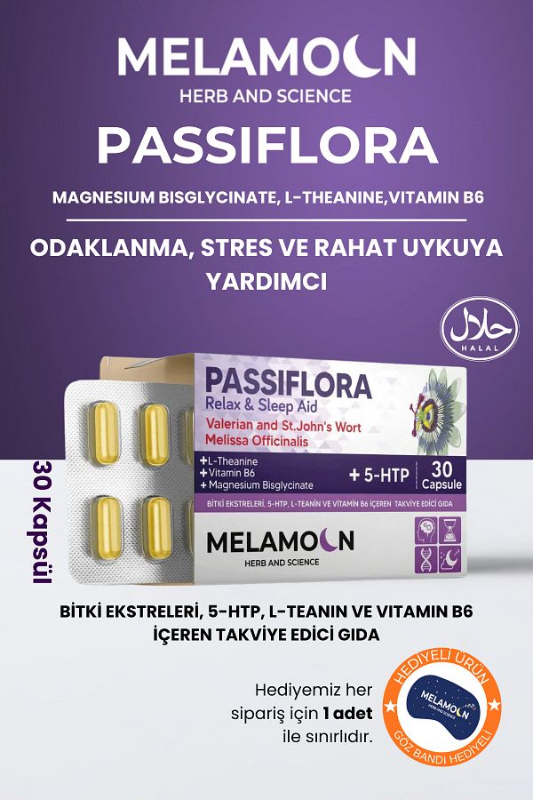 Melamoon-30 Capsules to Help Stress and Sleep with Magnesium and 5-Htp Powered Passiflora (Passiflora) 1