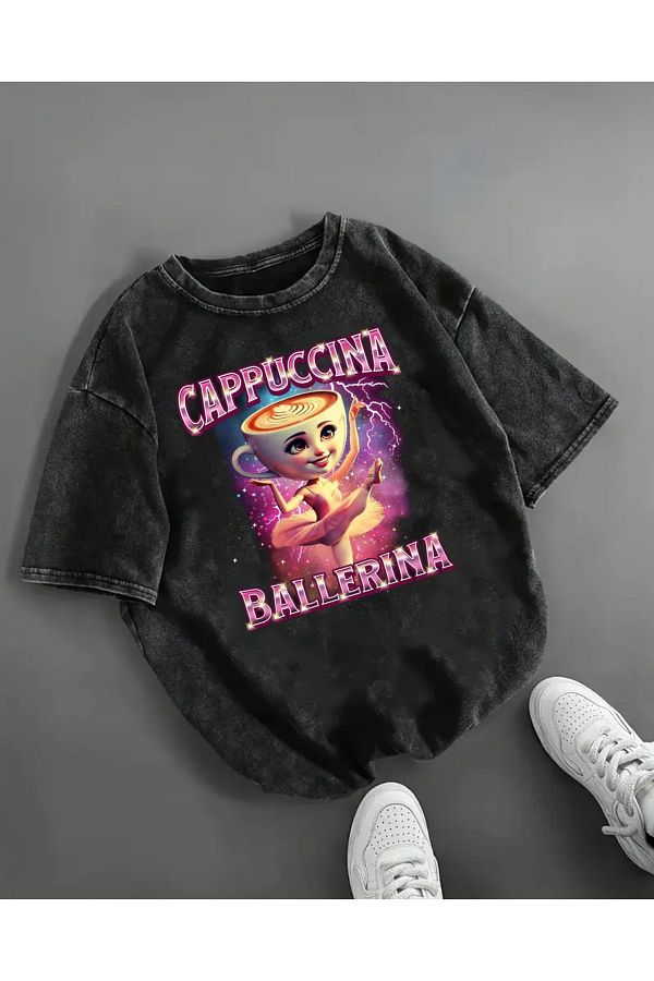 Touz Moda-Cappuccino Ballerina Printed Washable Vintage Unisex Oversize T-Shirt 1