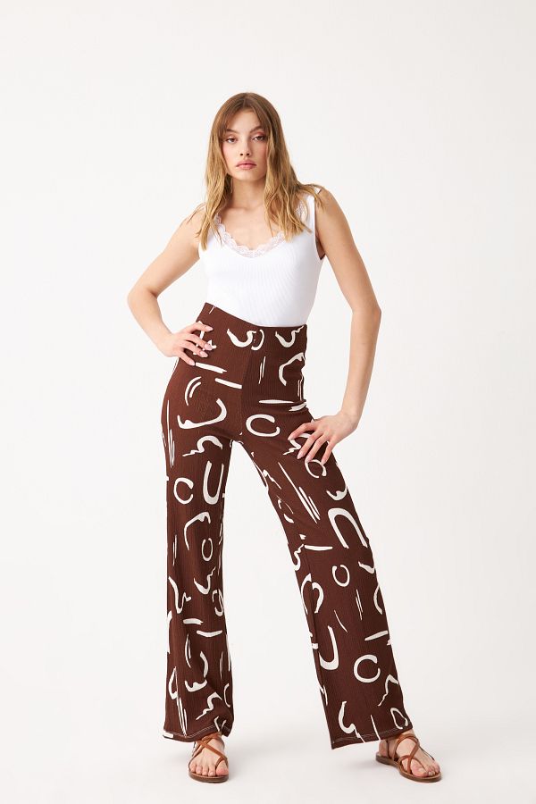 Know-Women's Brown Patterned Pipe Leg Trousers 1
