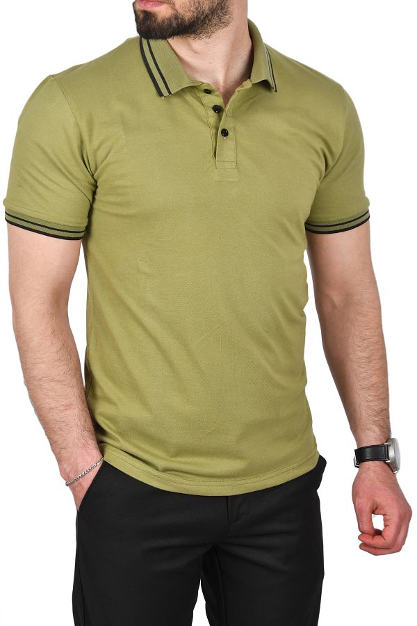 DeepSEA-Men's Green Slim Fit Cotton Fabric Polo Neck T-Shirt Breathable Slim Fit Non-Curling Collar T-Shirt 25030 1
