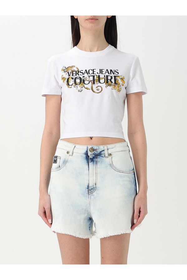 Versace-Women's Slim Fit Cotton Short Sleeve Crop White-Gold T-Shirt 78Hahc05Cj02C-G03 1