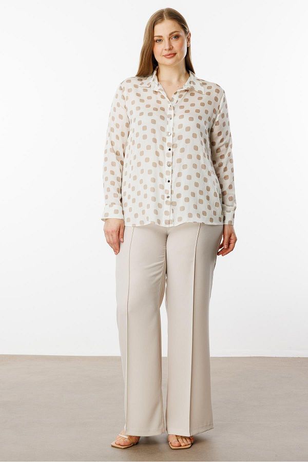 Moda İlgi-Women's Large Size Polka Dot Oversize Satin Shirt 0001 Stone 1