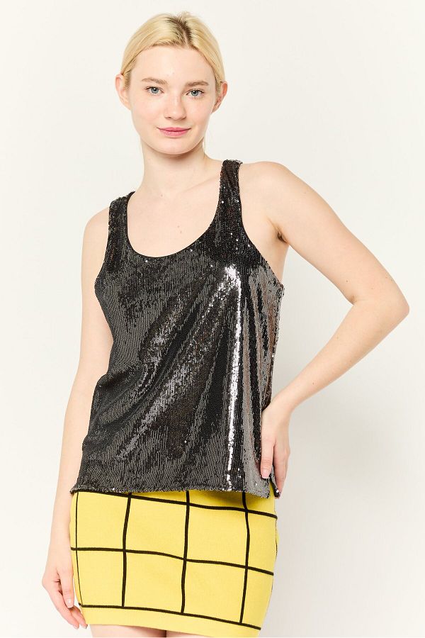 Esprit-Women Scoop Neck Sleeveless Sequined Tank Top, Black 1