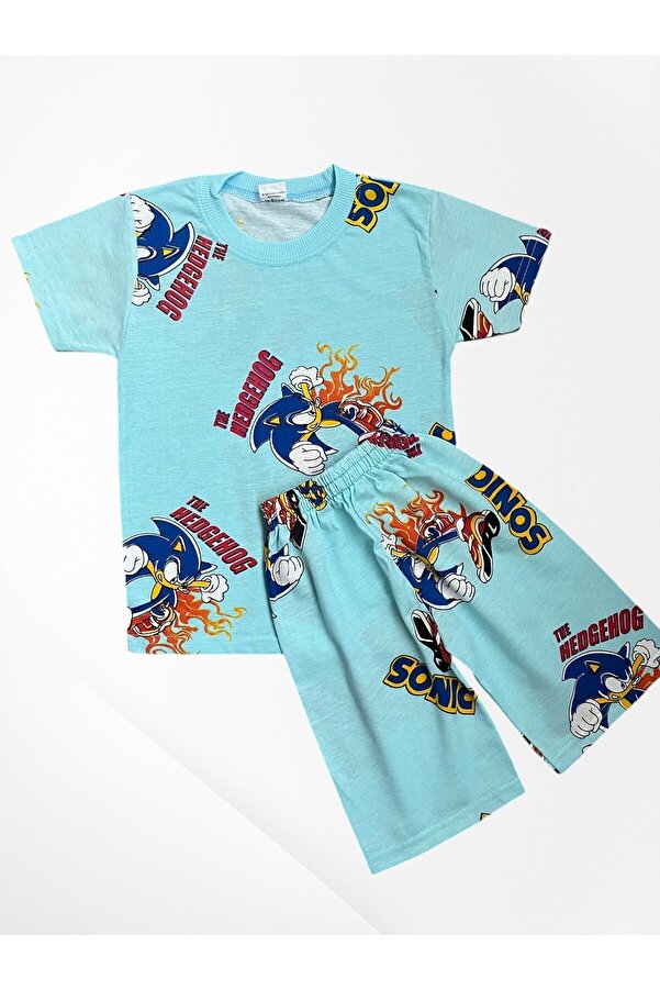 Pijamakids Erkek Çocuk Pamuklu Mavi Renk Sonic Desenli Kısa Kol İnce Şortlu Yazlık Pijama Takımı