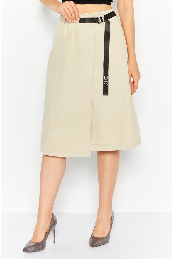 Esprit-Women Plain Buckle Waist Midi Skirts, Beige 1