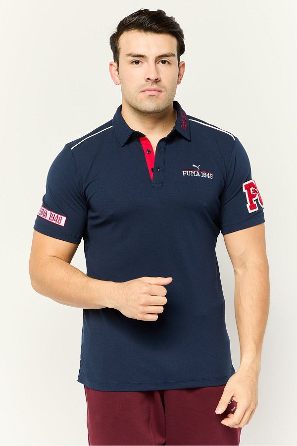 Puma-Men Sportswear Fit Embroidered Short Sleeves Golf Polo Shirt, Navy 1