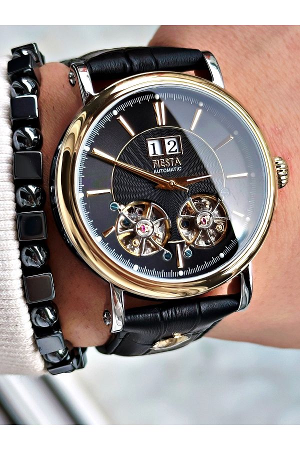 Fiesta-Black Color Double Turbines Leather Band Business Automatic Men Wrist Watch + Bracelet 1