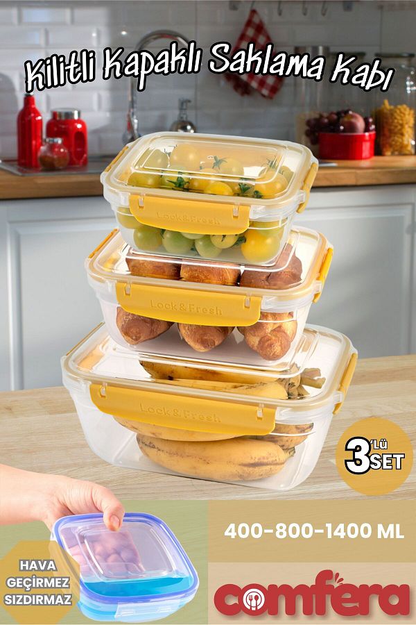 BAGER MARKET-Leak Proof Rectangular Storage Container Erzak Dowry Set 3-4-1400ml 1
