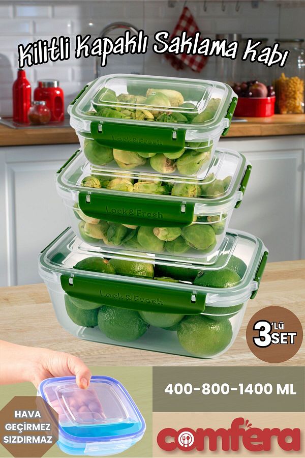 BAGER MARKET-Leak Proof Rectangular Storage Container Erzak Dowry Set 3-4-1400ml 1