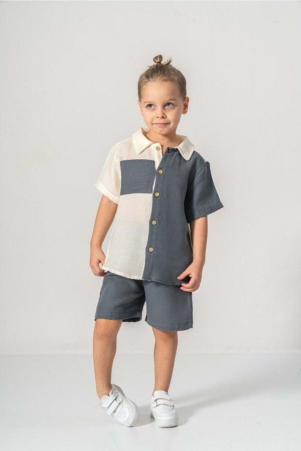 Mnk Baby&Kids-Muslin Fabric Cotton Summer Shorts Boy's Suit M00733 Gray 1