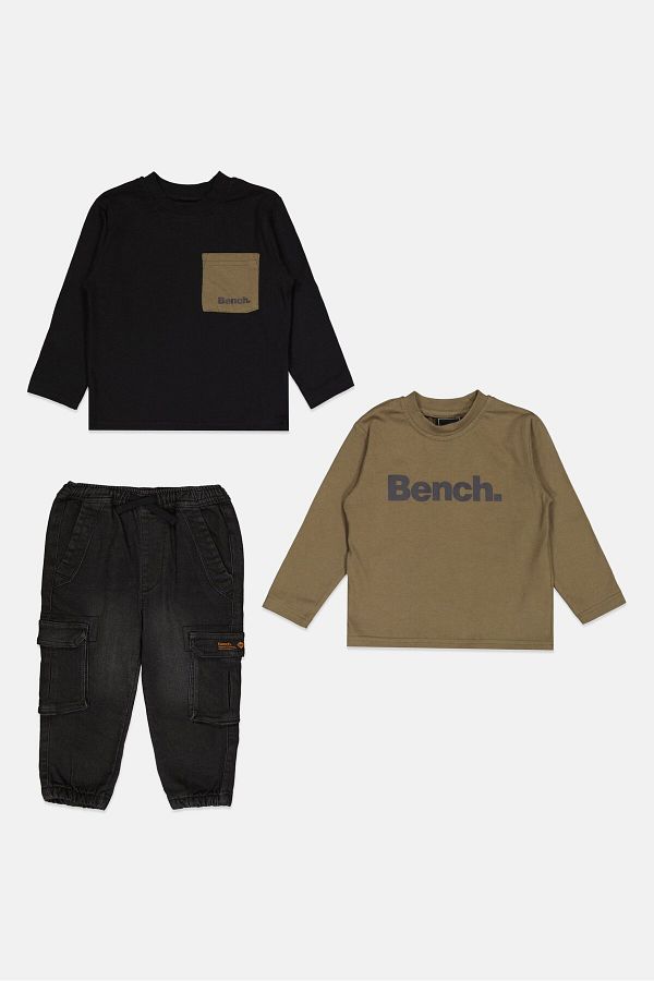 BENCH-Toddlers Boy 3 Piece Long Sleeve Brand Logo Top And Bottom Set, Olive 1