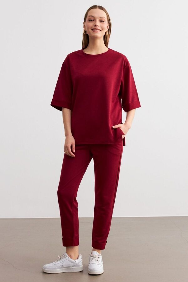 MODAGEN-Women's Burgundy Crew Neck Double Sleeve and Leg Bottom Top Set 1